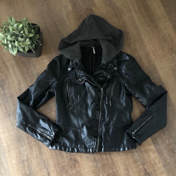 hooded faux leather moto jacket